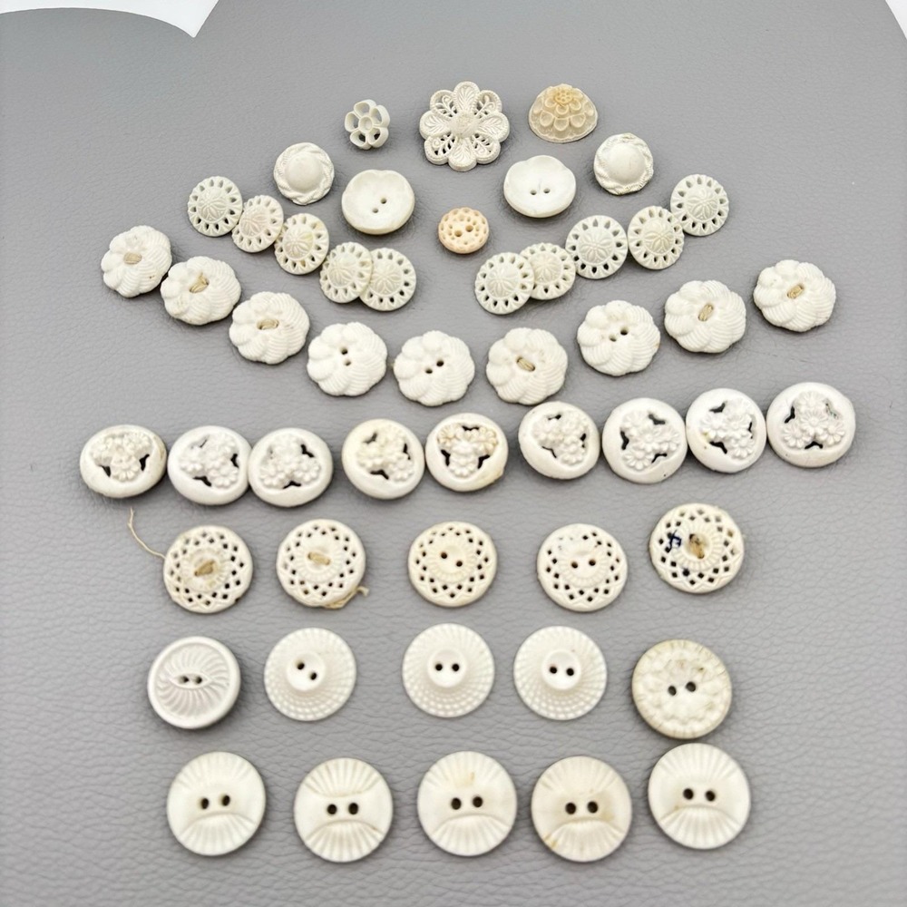 Vintage 50PC Button Lot - Carved Early Plastics Cream White Floral & Pierced